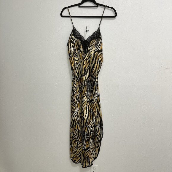VTG Lucie Ann Satin Slip Nightgown Animal Print Black Lace Low Back USA Made Am - Picture 8 of 14